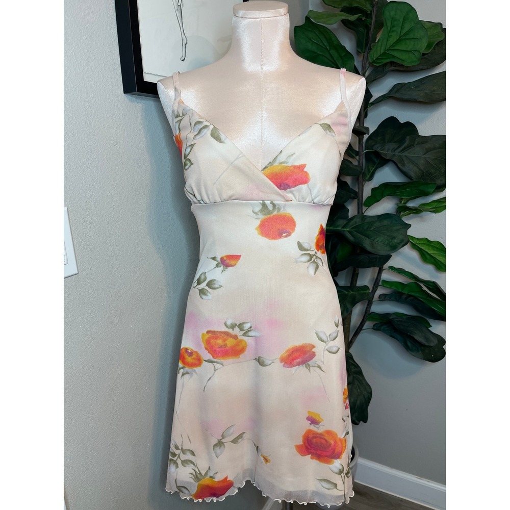 Newport News Slip Dress Cream Floral Mesh Vintage 90s Y2K Lettuce Hem Size 6
